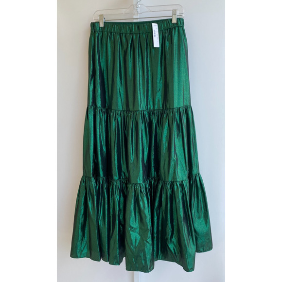 NWT JCrew Tiered Maxi Skirt in Metallic Lamé Dark Spruce Green size S - Picture 6 of 11